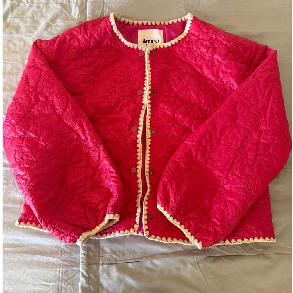 &merci En Merci Women's‎ Large Pink Quilted Floral Jacket Cream Trim Snap Front